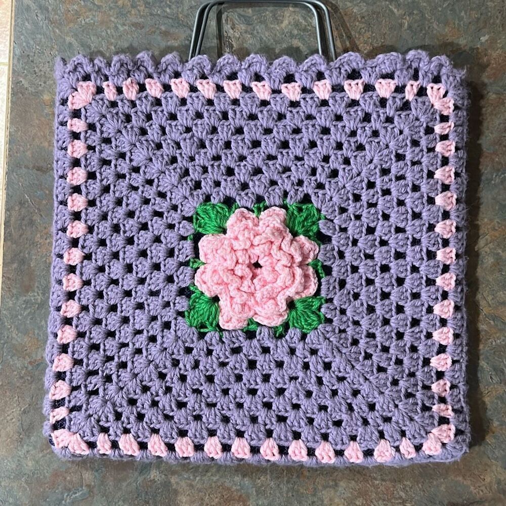 Granny Square Festival Mesh Lined Bag Purple and Pink Made in Spain